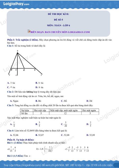 Đề thi học kì 2 Toán 6 - Đề số 5 - Cánh diều